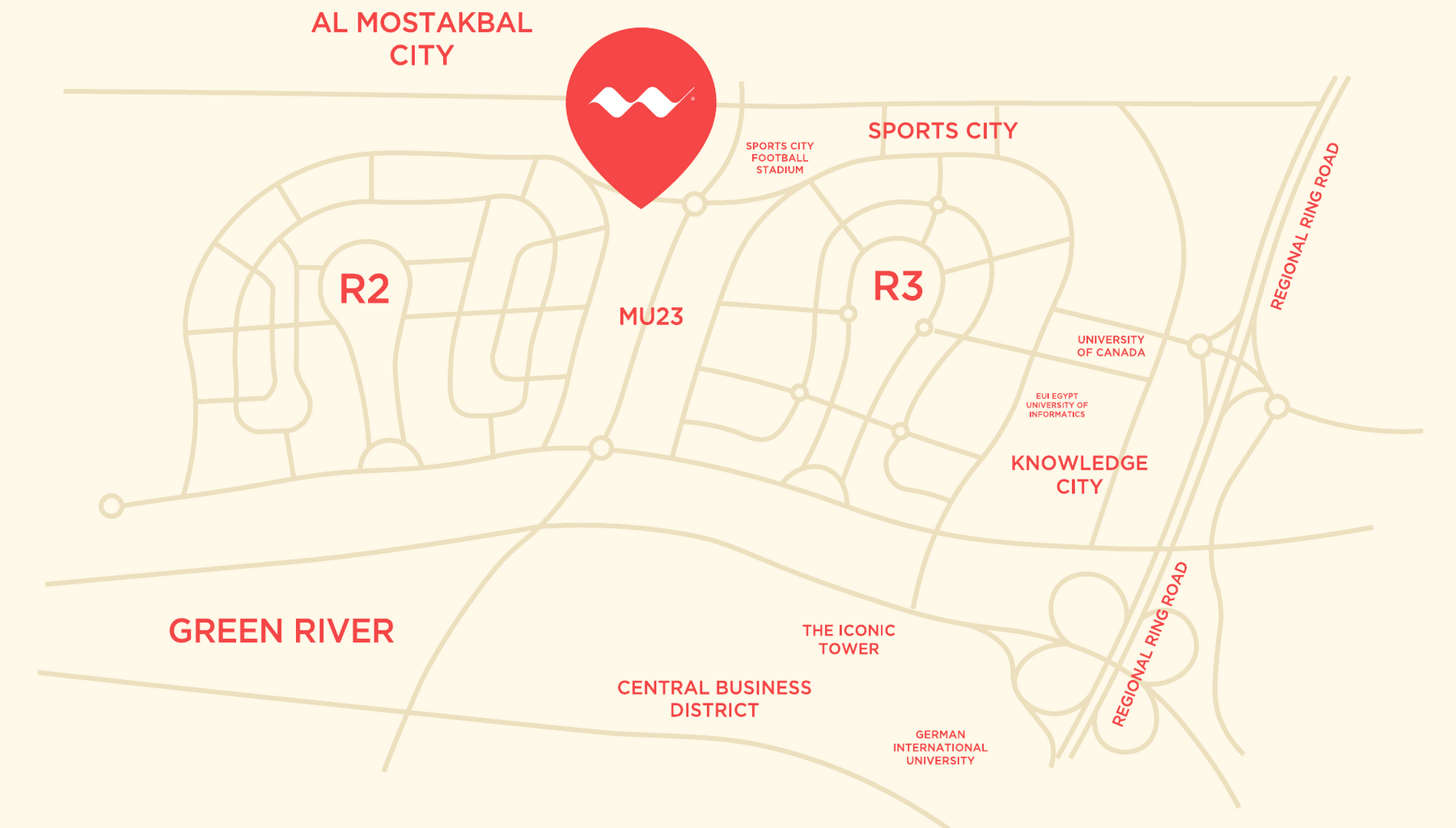 SAM Wave location map showing MU23, R2, R3, Sports City, Green River and the Central Business District